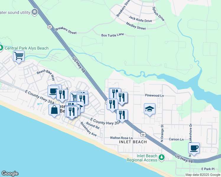 map of restaurants, bars, coffee shops, grocery stores, and more near 46 West Shore Place in Panama City Beach