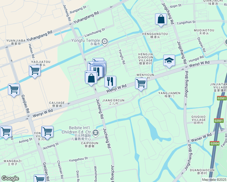 map of restaurants, bars, coffee shops, grocery stores, and more near Wen Yi Xi Lu in Hang Zhou Shi