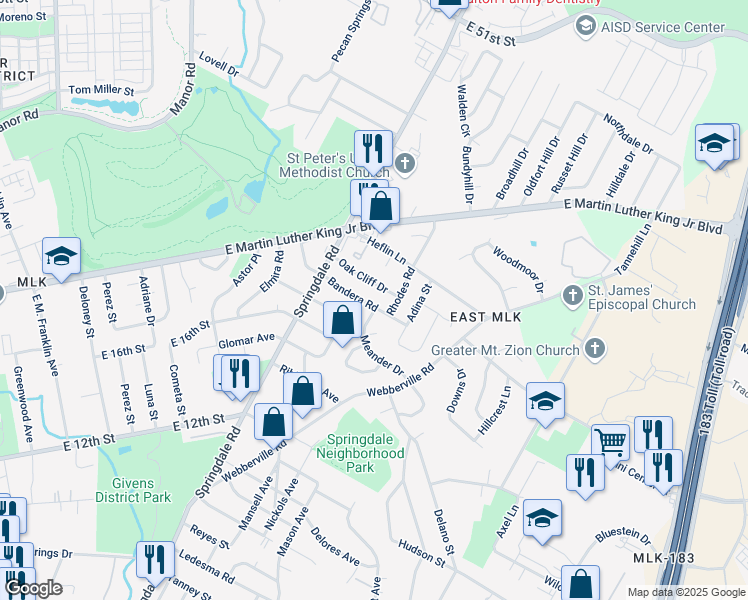 map of restaurants, bars, coffee shops, grocery stores, and more near 4714 Bandera Road in Austin