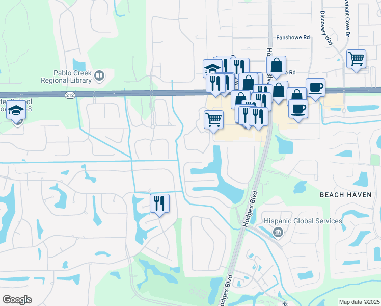 map of restaurants, bars, coffee shops, grocery stores, and more near 13364 Beach Boulevard in Jacksonville