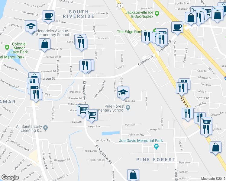 map of restaurants, bars, coffee shops, grocery stores, and more near 3793 Freeman Road in Jacksonville