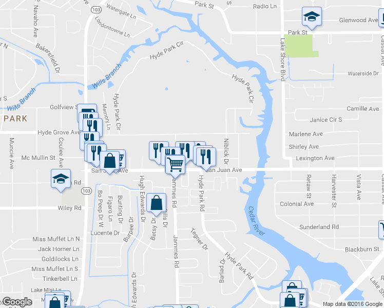 map of restaurants, bars, coffee shops, grocery stores, and more near 6332 Kimberly Lane in Jacksonville