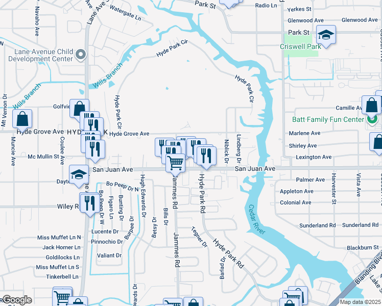 map of restaurants, bars, coffee shops, grocery stores, and more near 6345 Kimberly Lane in Jacksonville