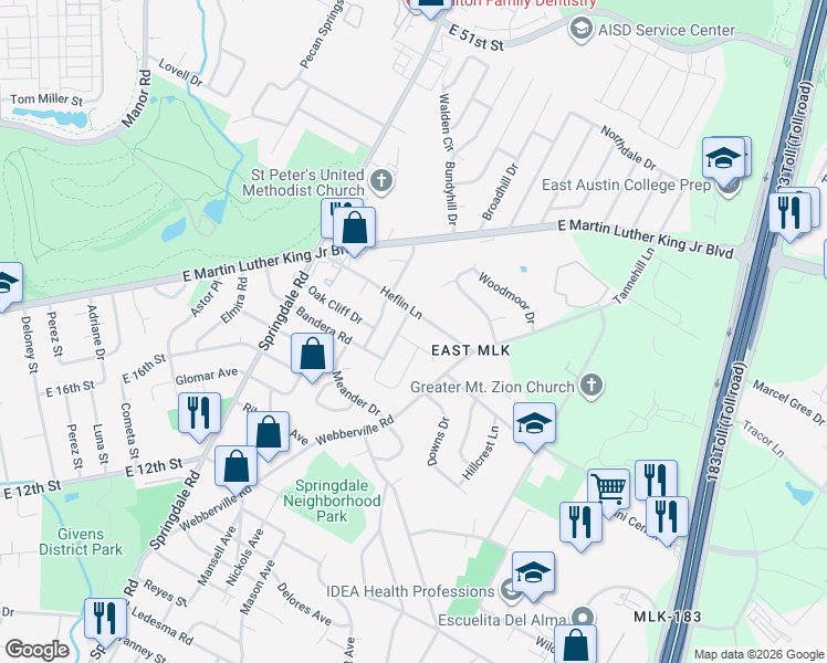 map of restaurants, bars, coffee shops, grocery stores, and more near 5005 Heflin Lane in Austin
