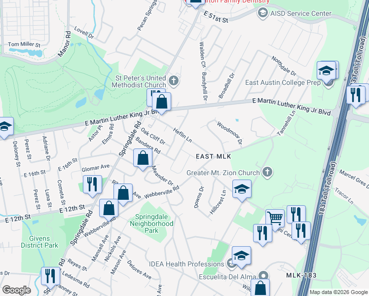 map of restaurants, bars, coffee shops, grocery stores, and more near 5005 Heflin Lane in Austin