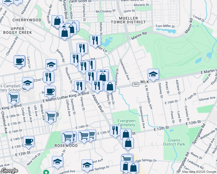 map of restaurants, bars, coffee shops, grocery stores, and more near 1904 Pershing Drive in Austin