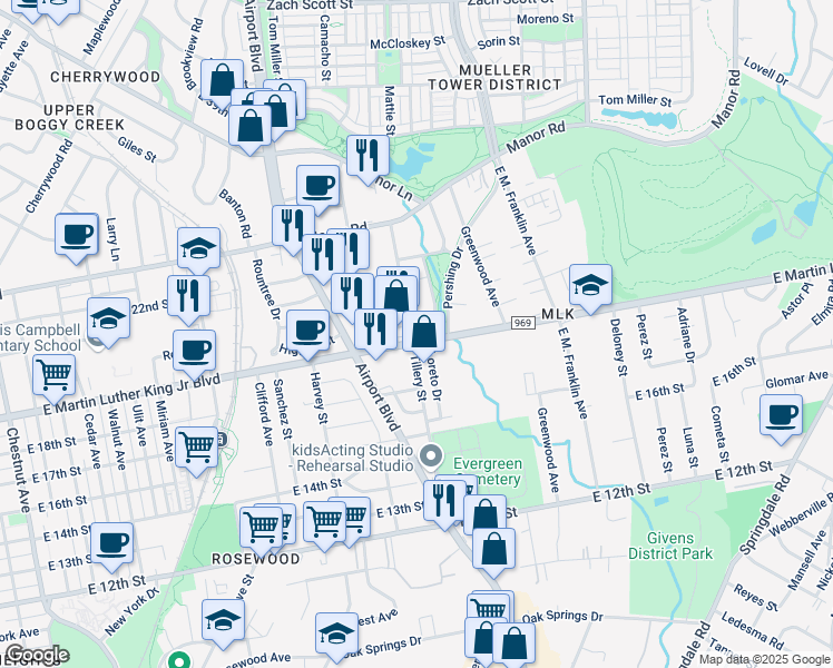 map of restaurants, bars, coffee shops, grocery stores, and more near 1904 Pershing Drive in Austin