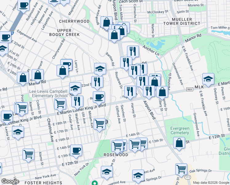 map of restaurants, bars, coffee shops, grocery stores, and more near 2906 East Martin Luther King Junior Boulevard in Austin