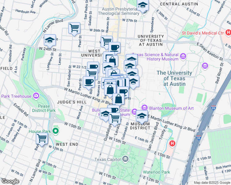 map of restaurants, bars, coffee shops, grocery stores, and more near in Austin
