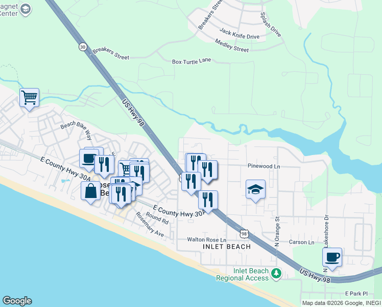 map of restaurants, bars, coffee shops, grocery stores, and more near 41 West Shore Place in Walton County