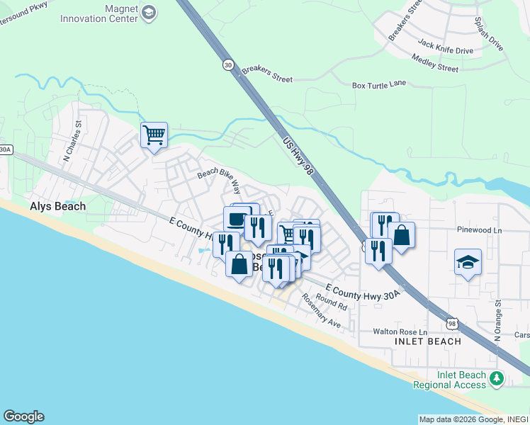 map of restaurants, bars, coffee shops, grocery stores, and more near 37 Lifeguard Loop East in Panama City Beach