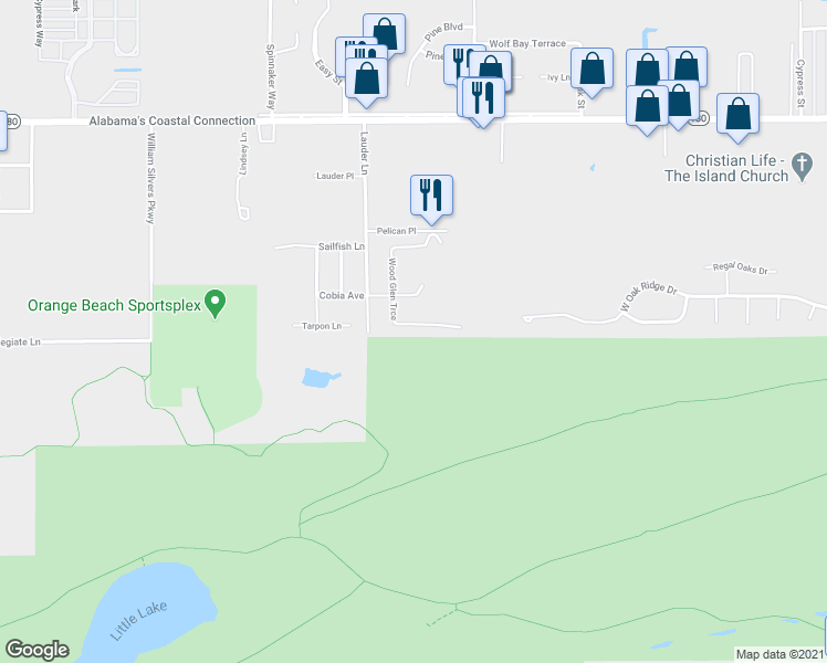 map of restaurants, bars, coffee shops, grocery stores, and more near 4093 Wood Glen Trce in Orange Beach