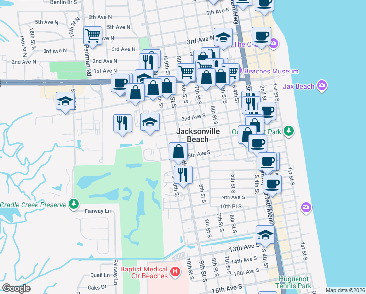 map of restaurants, bars, coffee shops, grocery stores, and more near 868 4th Avenue South in Jacksonville Beach