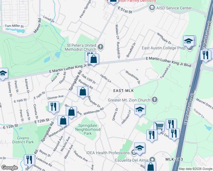 map of restaurants, bars, coffee shops, grocery stores, and more near 5005 Heflin Lane in Austin