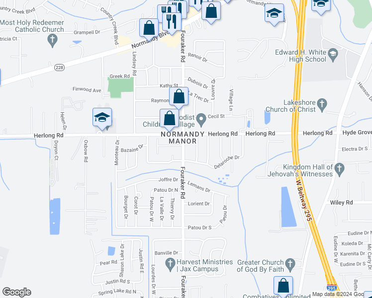 map of restaurants, bars, coffee shops, grocery stores, and more near 1935 Fouraker Road in Jacksonville