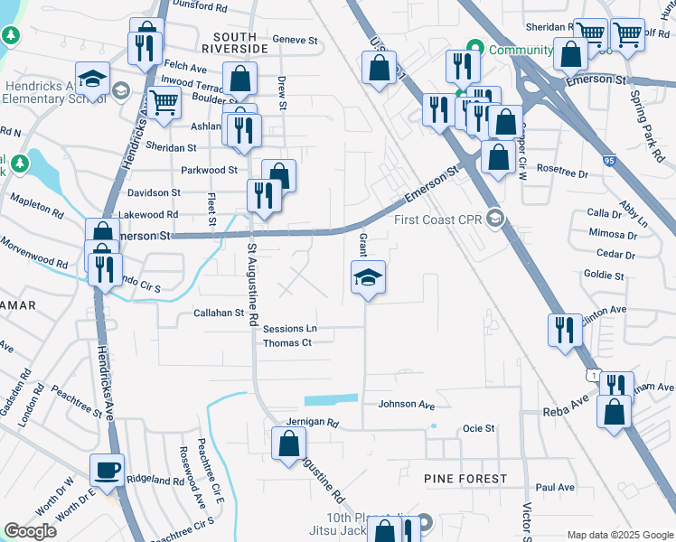 map of restaurants, bars, coffee shops, grocery stores, and more near 3793 Freeman Road in Jacksonville