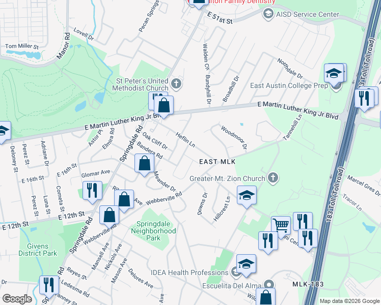 map of restaurants, bars, coffee shops, grocery stores, and more near 5005 Heflin Lane in Austin