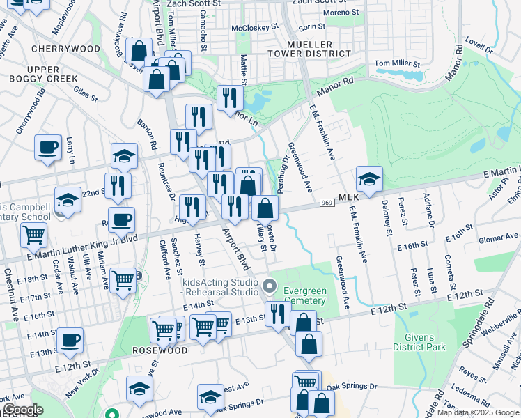 map of restaurants, bars, coffee shops, grocery stores, and more near 1904 Pershing Drive in Austin