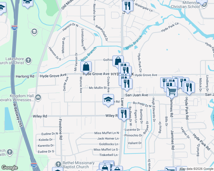 map of restaurants, bars, coffee shops, grocery stores, and more near 1948 Coulee Avenue in Jacksonville
