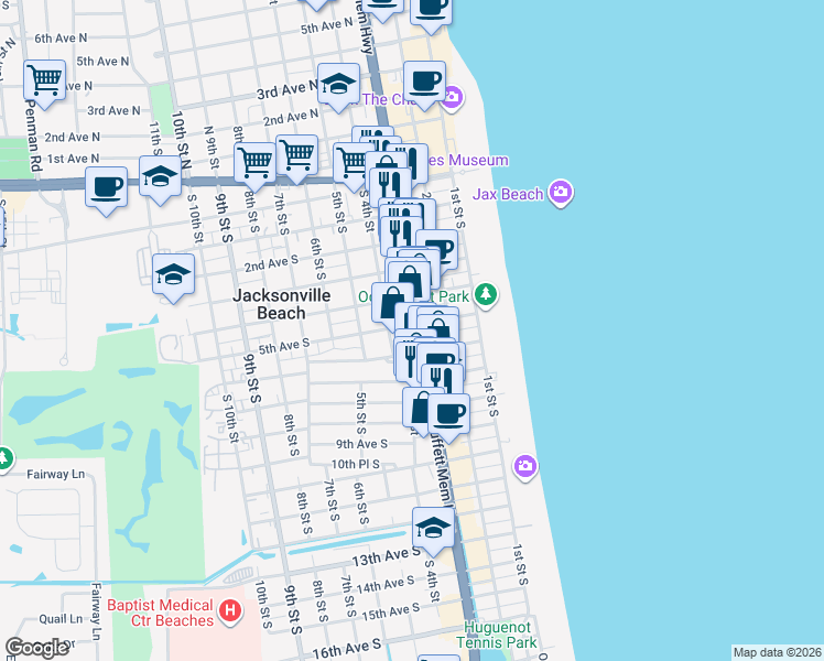 map of restaurants, bars, coffee shops, grocery stores, and more near 333 5th Avenue South in Jacksonville Beach