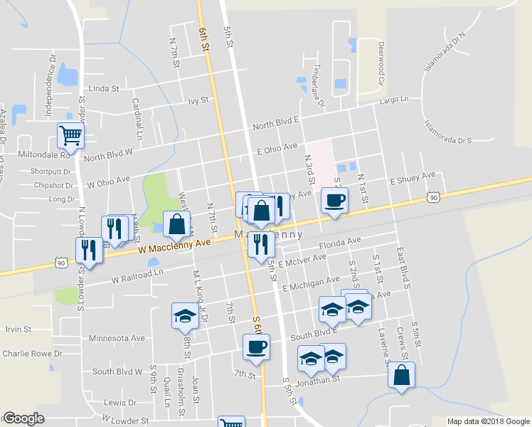 map of restaurants, bars, coffee shops, grocery stores, and more near 59 North 5th Street in Macclenny
