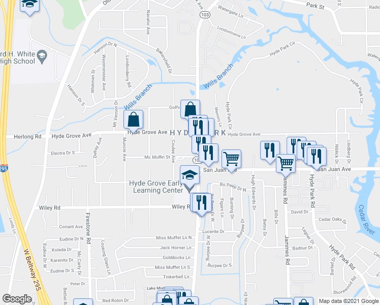 map of restaurants, bars, coffee shops, grocery stores, and more near 6725 Mcmullin Street in Jacksonville