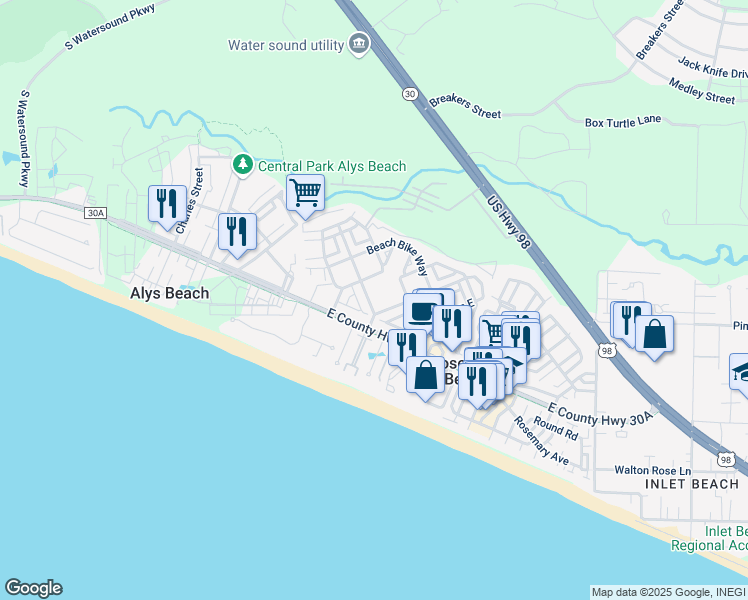 map of restaurants, bars, coffee shops, grocery stores, and more near 62 Seacrest Beach Boulevard West in Panama City Beach