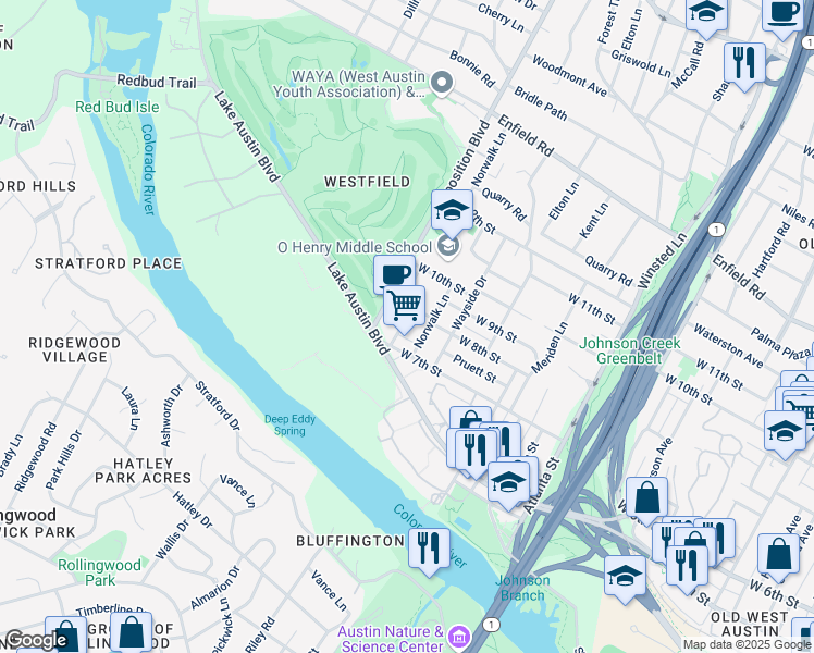 map of restaurants, bars, coffee shops, grocery stores, and more near 709 Newman Drive in Austin