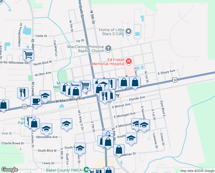 map of restaurants, bars, coffee shops, grocery stores, and more near 59 North 5th Street in Macclenny