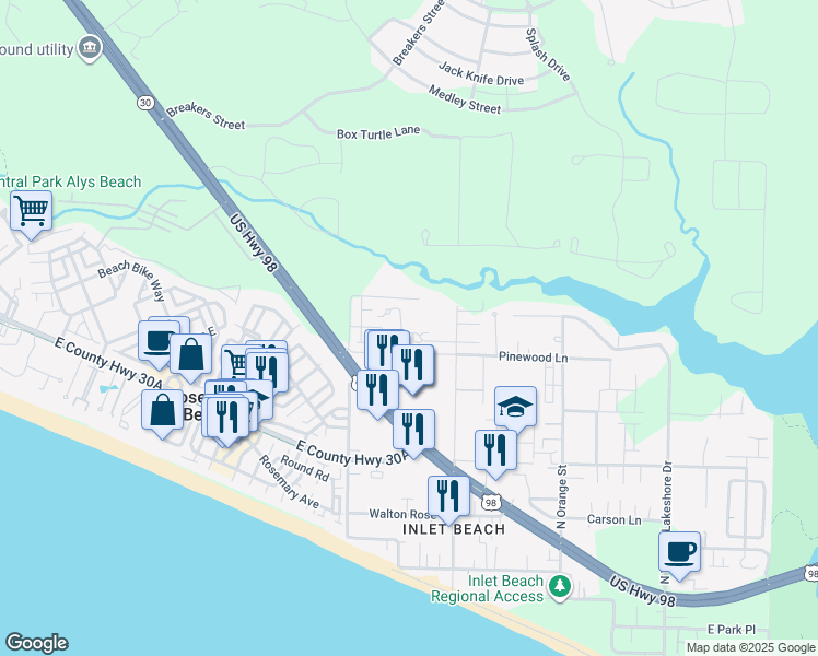 map of restaurants, bars, coffee shops, grocery stores, and more near 188 Willow Mist Road in Rosemary Beach