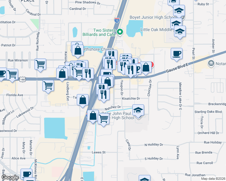 map of restaurants, bars, coffee shops, grocery stores, and more near 796 East I-10 Service Road in Slidell