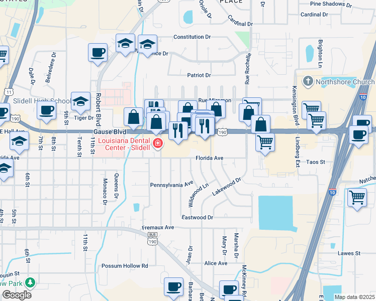 map of restaurants, bars, coffee shops, grocery stores, and more near 1327 Gause Boulevard in Slidell