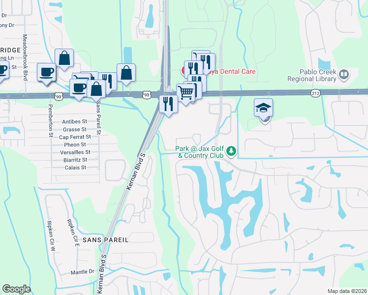 map of restaurants, bars, coffee shops, grocery stores, and more near Unnamed Road in Jacksonville