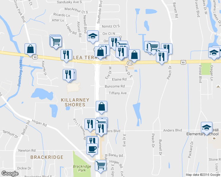map of restaurants, bars, coffee shops, grocery stores, and more near 9806 Buncome Road in Jacksonville