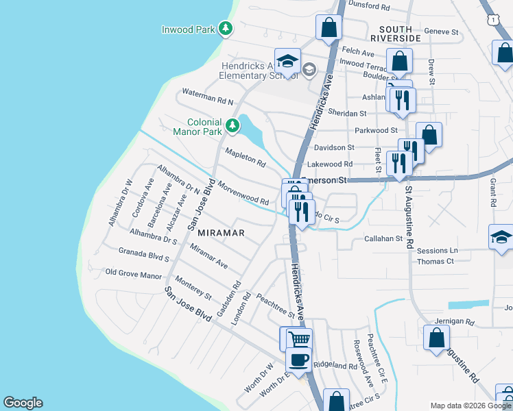 map of restaurants, bars, coffee shops, grocery stores, and more near 1246 Morvenwood Road in Jacksonville