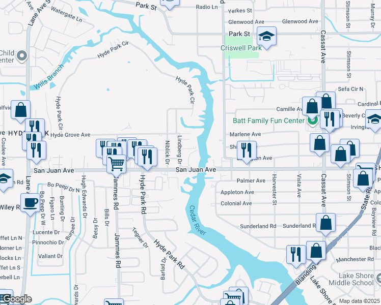map of restaurants, bars, coffee shops, grocery stores, and more near 5615 San Juan Avenue in Jacksonville