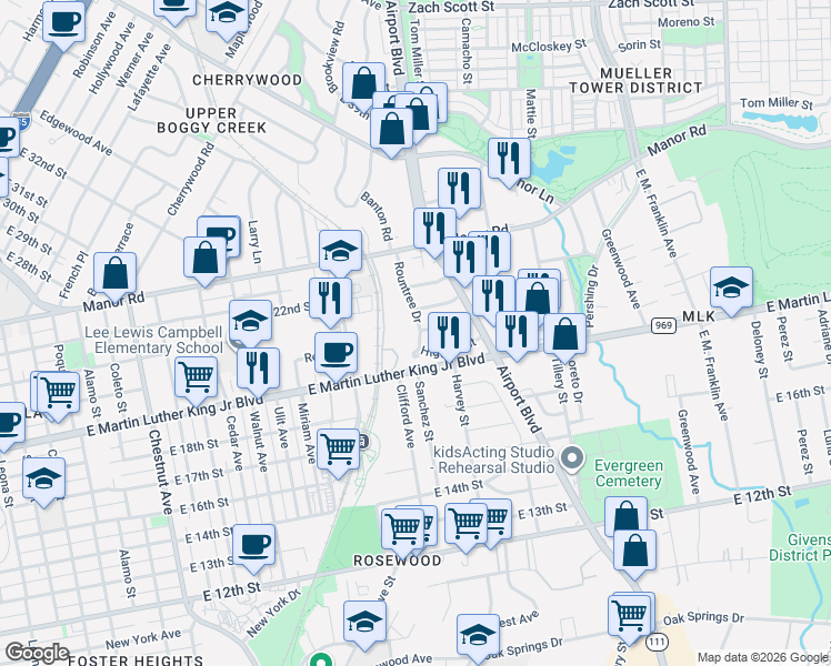 map of restaurants, bars, coffee shops, grocery stores, and more near 2100 Rountree Drive in Austin