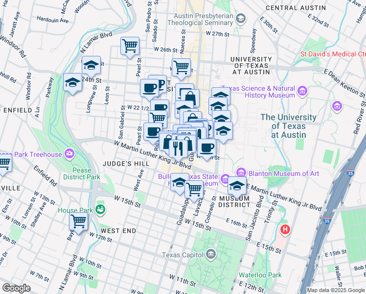 map of restaurants, bars, coffee shops, grocery stores, and more near 2016 San Antonio Street in Austin