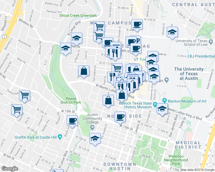 map of restaurants, bars, coffee shops, grocery stores, and more near 805 West Martin Luther King Junior Boulevard in Austin