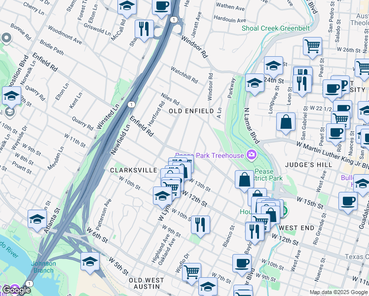map of restaurants, bars, coffee shops, grocery stores, and more near 1504 West Lynn Street in Austin