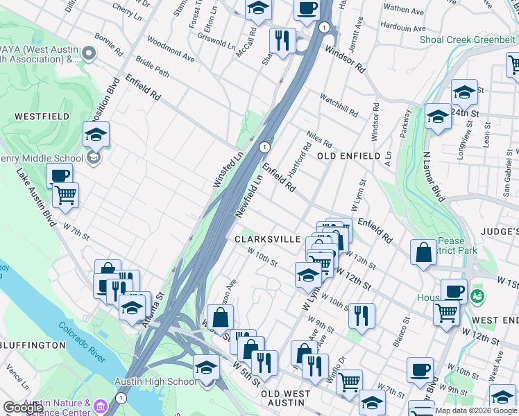 map of restaurants, bars, coffee shops, grocery stores, and more near 1303 Newfield Lane in Austin