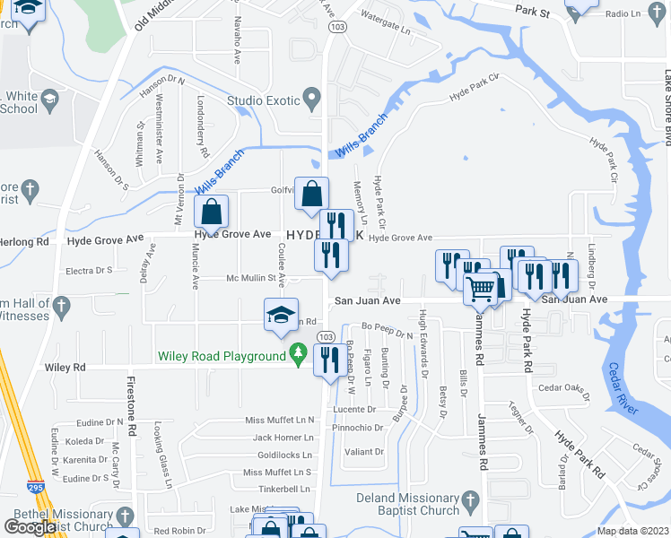 map of restaurants, bars, coffee shops, grocery stores, and more near 1945 Lane Avenue South in Jacksonville