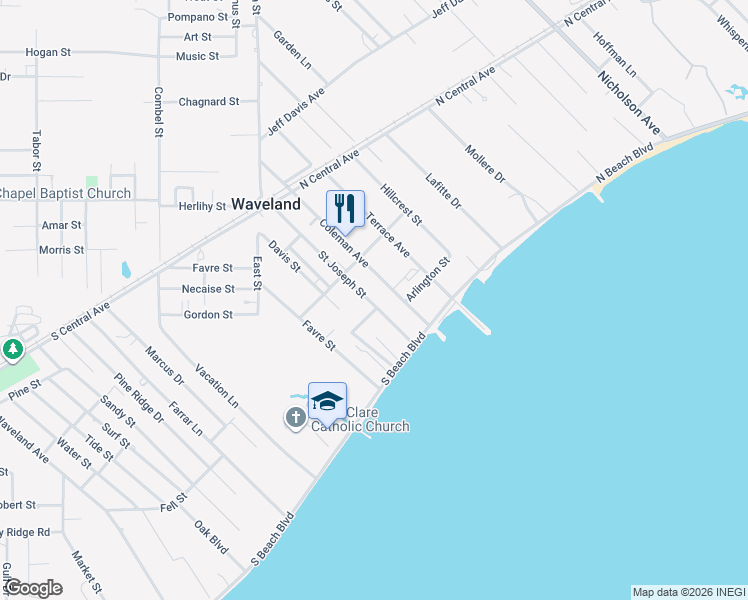 map of restaurants, bars, coffee shops, grocery stores, and more near 200 Saint Joseph Street in Waveland
