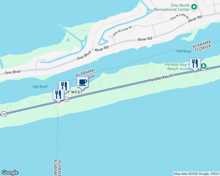 map of restaurants, bars, coffee shops, grocery stores, and more near 17000 Perdido Key Drive in Pensacola