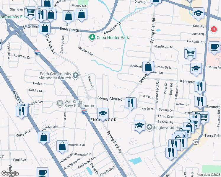 map of restaurants, bars, coffee shops, grocery stores, and more near 4115 Glenview Road in Jacksonville