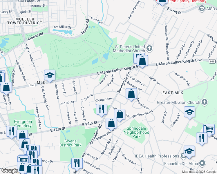 map of restaurants, bars, coffee shops, grocery stores, and more near 1613 Elmira Road in Austin