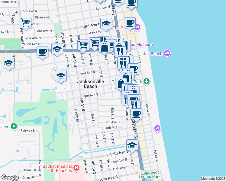 map of restaurants, bars, coffee shops, grocery stores, and more near 435 5th Avenue South in Jacksonville Beach