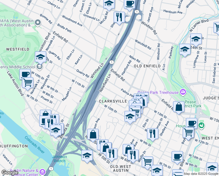map of restaurants, bars, coffee shops, grocery stores, and more near 1814 Waterston Avenue in Austin
