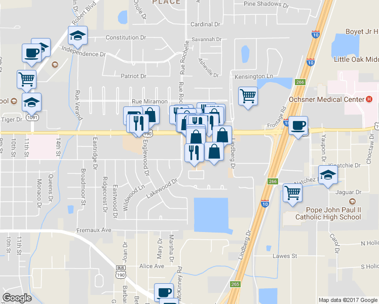 map of restaurants, bars, coffee shops, grocery stores, and more near 1349 Corporate Square Drive in Slidell