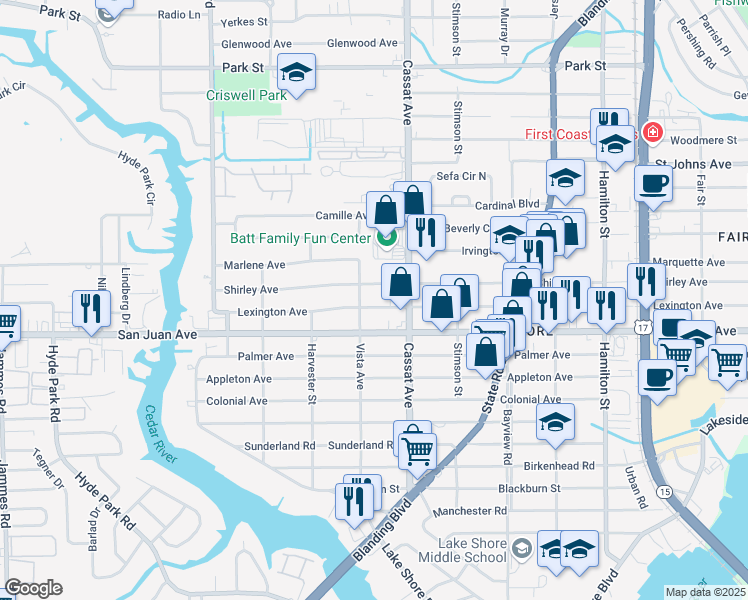 map of restaurants, bars, coffee shops, grocery stores, and more near 5045 Lexington Avenue in Jacksonville